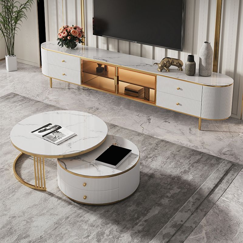 Slate/Glass Top Coffee Table with 2 Storage Drawers Modern Round