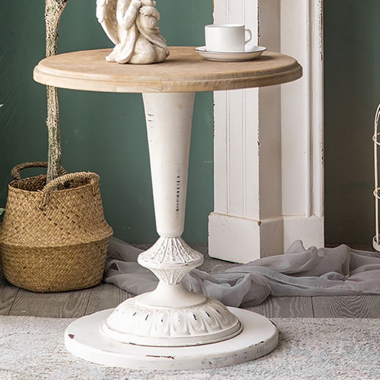 Wood Round Top Side Table Metal Base End Table - Distressed Surface Treatment