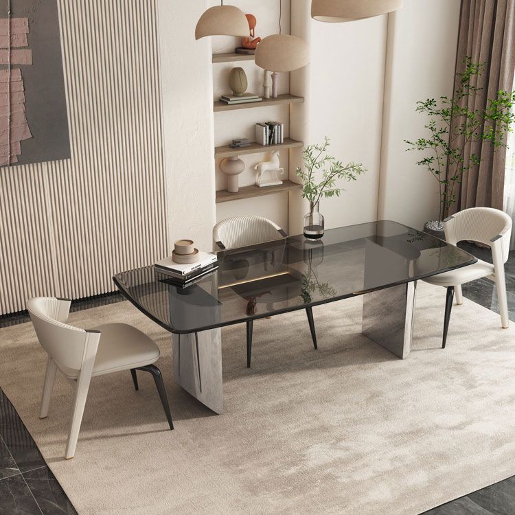 Modern Style Rectangle Glass Dinner Table with Double Pedestal