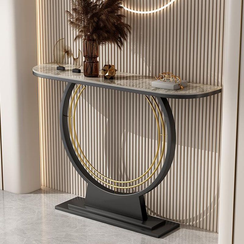 12 Inch Wide Glam Accent Table Half Moon Stone Console Table for Hall