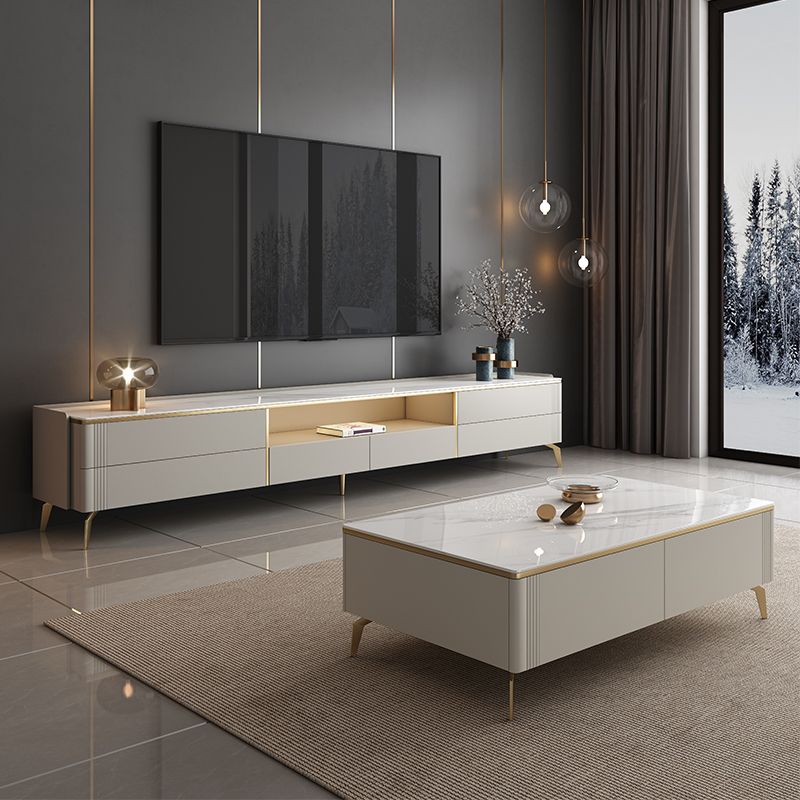 Glam White TV Media Consola 13.7 "Stand de televisión de altura con 6 cajones