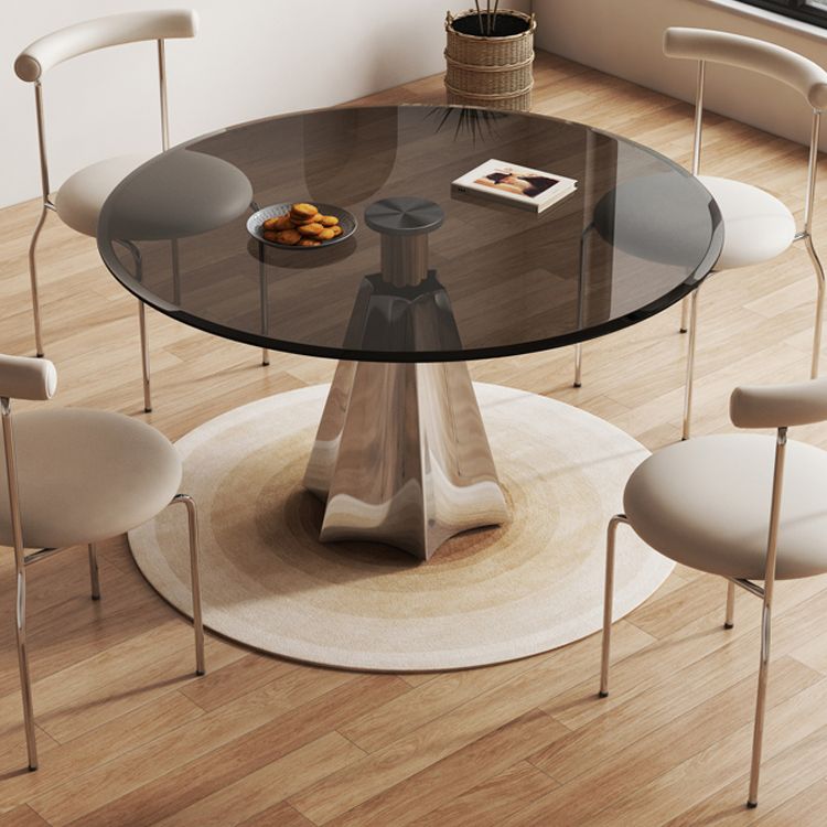 Modern Round Dining Table Glass Tabletop with Stainless Steel Pedestal Base