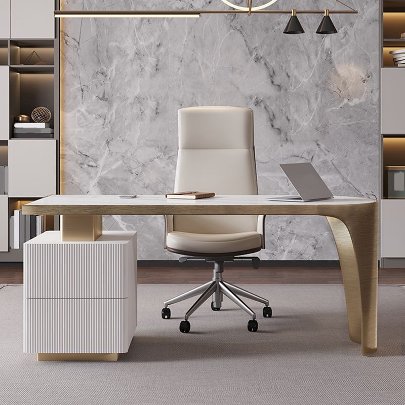 Escritorio de escritura de piedra de 27.6 "con cajones escritorio de oficina con base de metal cromado