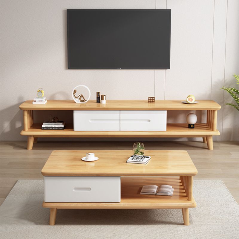 Scandinavian Solid Wood Coffee Table with 4 Legs and 2 Drawers
