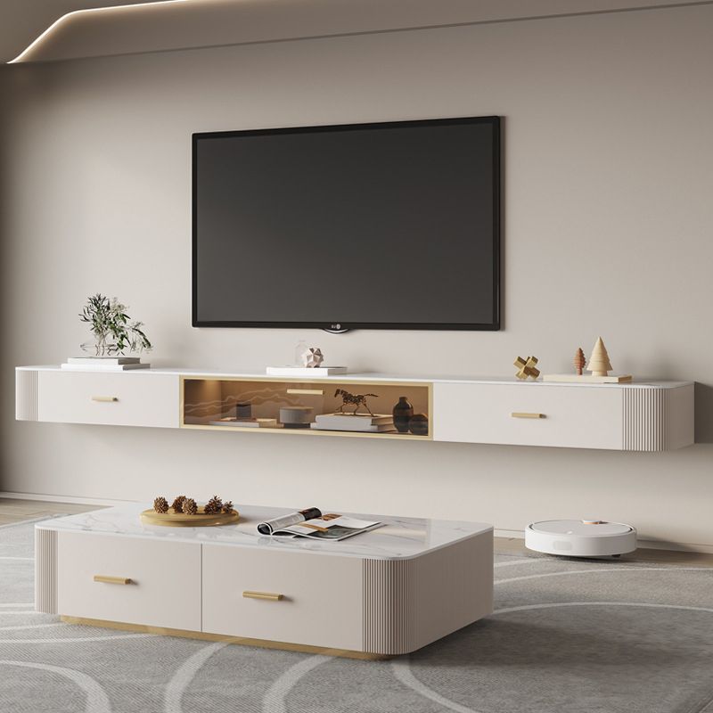 Consola flotante para TV, soporte multimedia para TV de piedra con 2 cajones