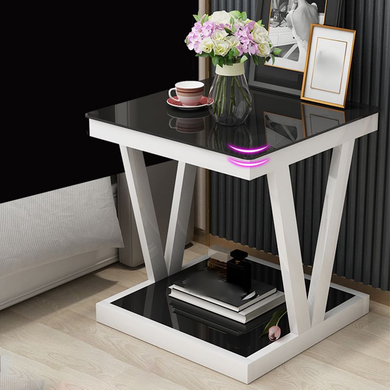 Tavolo da notte top in vetro aperto in acciaio moderno comodino a 2 scaffali in nero/bianco