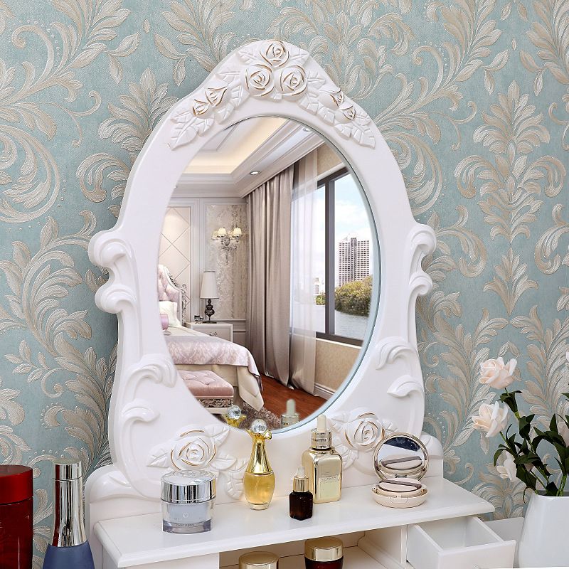 Victorian Mirrored Makeup Dressing Table Wood Stool Set in White Clearhalo 'Bedroom Furniture' 'furn' 'furn_makeup_vanities' 'Furniture' 'Makeup Vanities' 'makeup_vanities' 1200x1200_6f6f795f-fc72-42af-9977-1387a7aa51d0