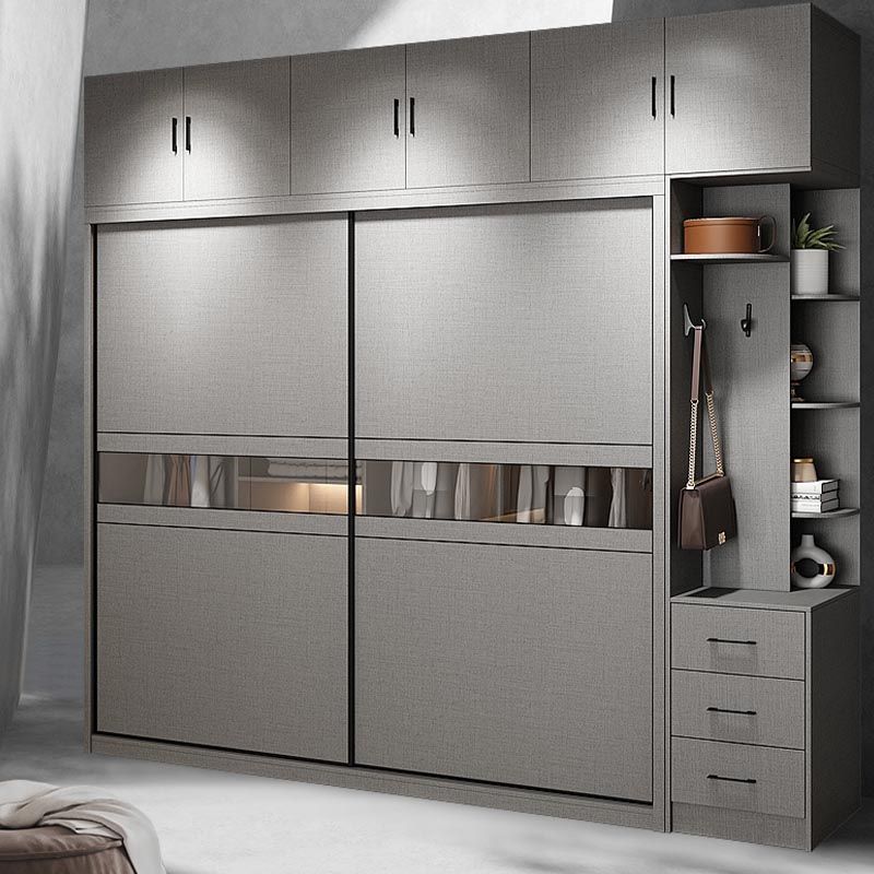 Contemporary Wooden Wardrobe Gray Colour Wardrobe Closet with Sliding Door