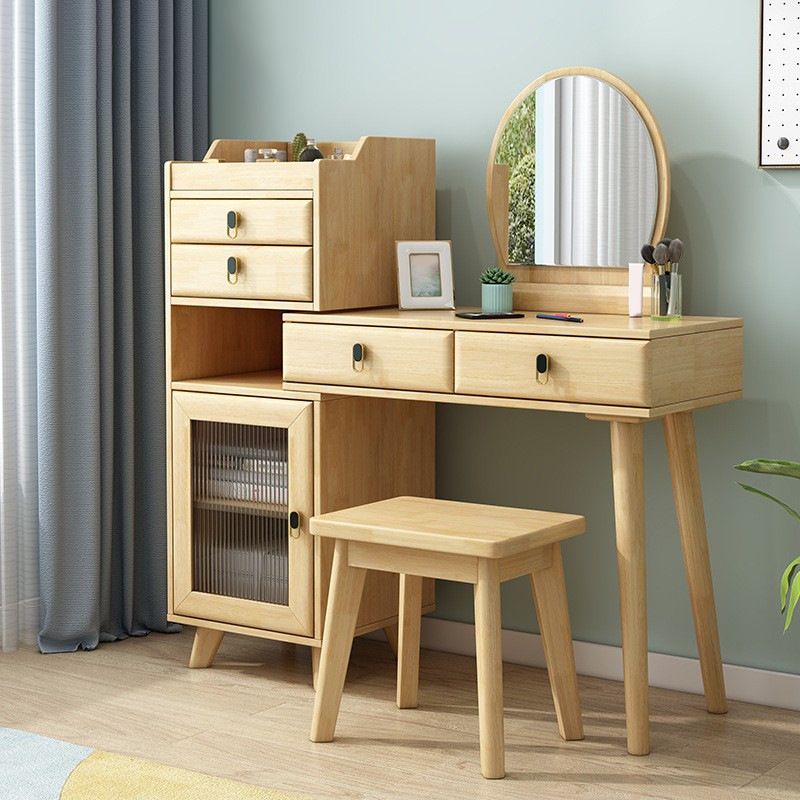 Ensemble de vanité en bois avec tabouret et miroir