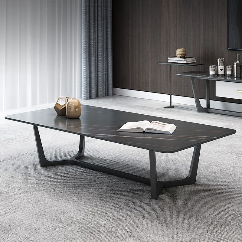 Modern Style Rectangular Slate Table with Metal Trestle Type Base Coffee Table