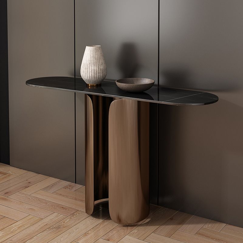 16 Inch Wide Glam Console Table Oval Stone Accent Table for Hall