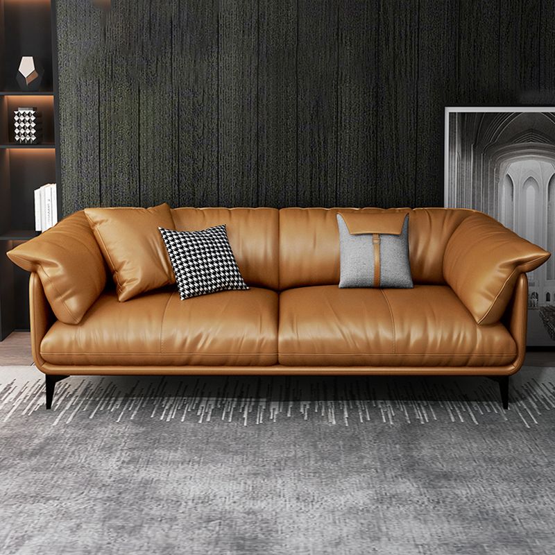 Tan Cushion Back Contemporary Stain-Resistant Genuine Leather Sofa Clearhalo 'furn' 'furn_sectionals' 'Furniture' 'furniture_sectionals' 'kitchen' 'kitchen_sectionals' 'Living Room Furniture' 'Sectionals' 1200x1200_6fcf02d6-c3d0-4db5-af3d-16a1a579fd9a