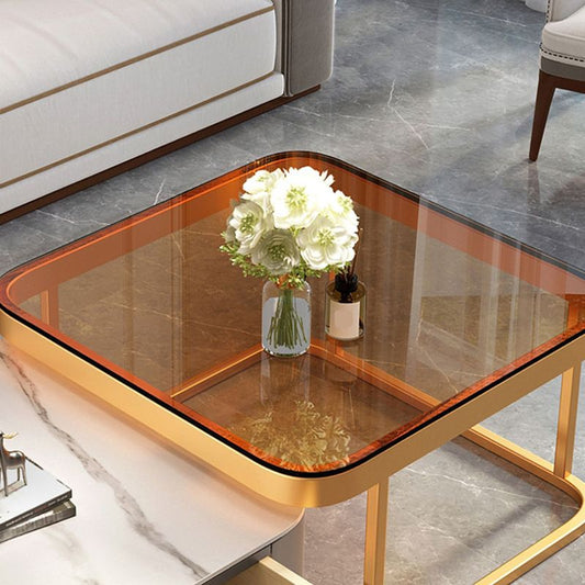 モダンなメタルフレームカクテルテーブルスクエアガラス /スレートコーヒーテーブル付きのコーヒーテーブル