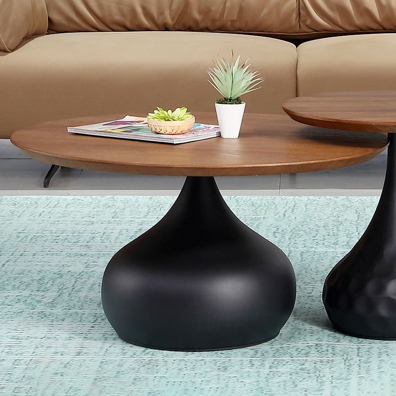 Modern Round Wooden Coffee Table Iron Pedestal Cocktail Table