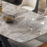 Moderne rechthoekige grijze stenen top eettafel met zwart voetstuk