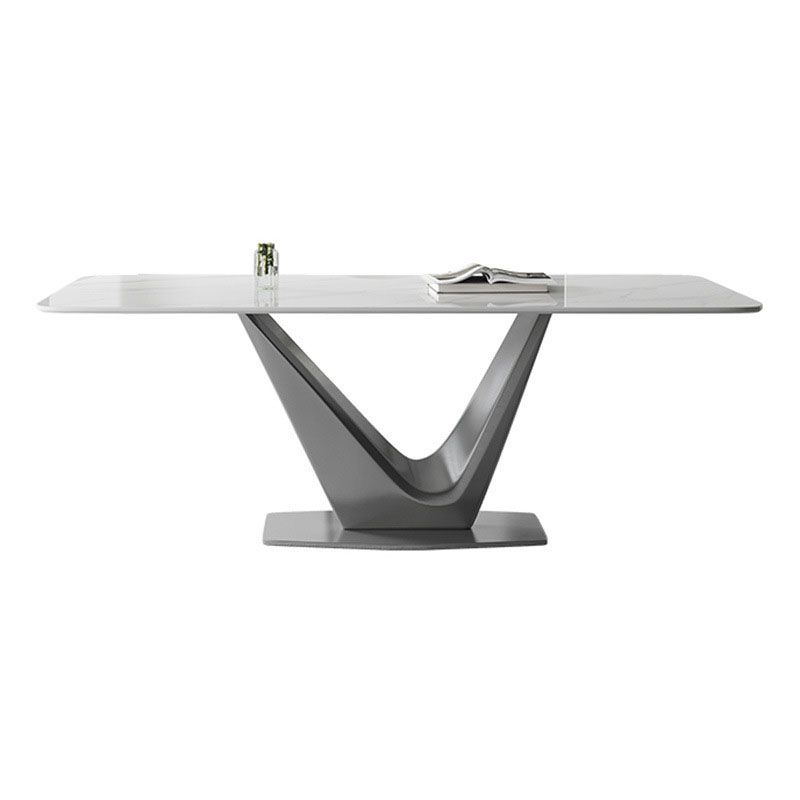 Mesa base de pedestal de metal gris rectángulo de comedor de piedra sinterizada