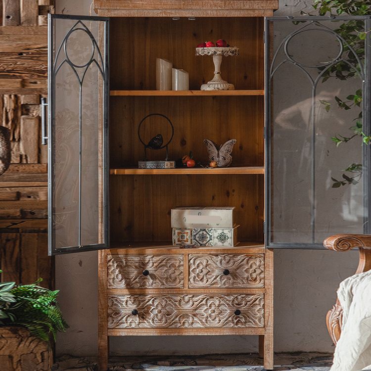 Distressed Brown Drawers Included Cabinet Glass Paned Wood & Iron Accent Cabinet
