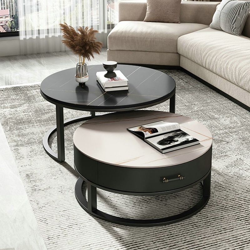 Round Slate Top Coffee Table Set Frame Cocktail Table with Storage Drawers Clearhalo 'Coffee & Accent Tables' 'Coffee Tables' 'coffee_tables' 'furn' 'furn_coffee_tables' 'Furniture' 'Living Room Furniture' 1200x1200_705c9047-d97b-4b07-8954-24d2dacf2dac