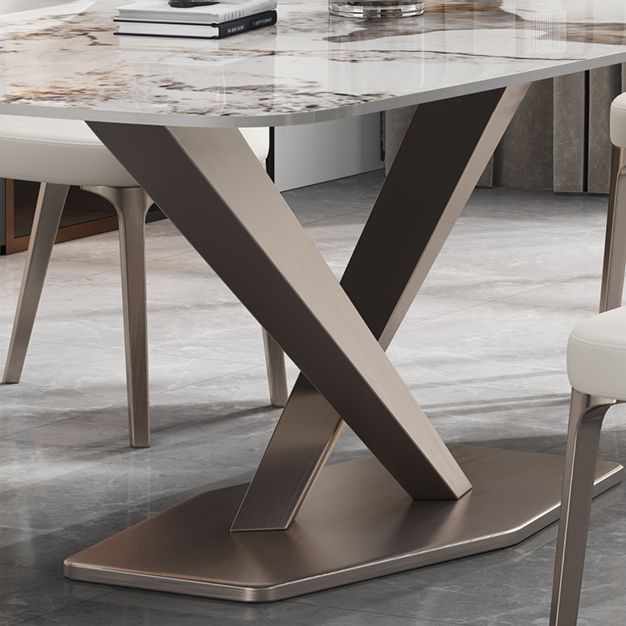 Contemporary Style Sintered Stone Dining Table with White Fixed Table and Trestle Base for Home Use Clearhalo 'Dining Room Sets' 'Dining Tables & Seating' 'dining_room_set' 'furn' 'furn_dining_room_set' 'Furniture' 'furniture_dining_room_set' 'Kitchen & Dining Furniture' 'kitchen&dining_furn' 'kitchen' 1200x1200_7065790e-c470-4432-9242-0800105c92ab