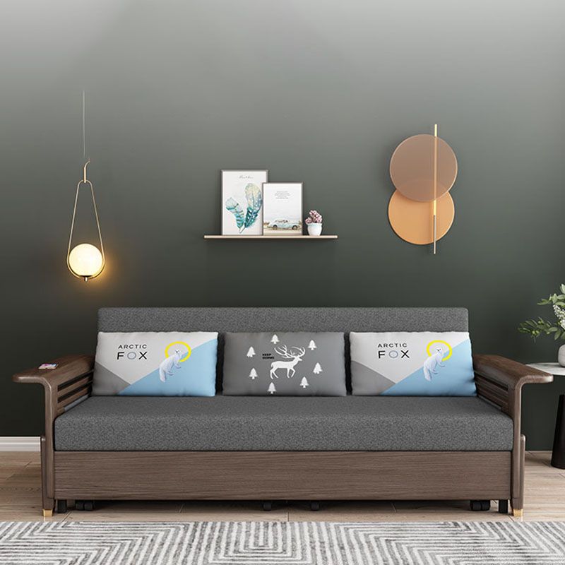 Stoffen slaapbank met 3 kussens vaste houten bank in walnootafwerking