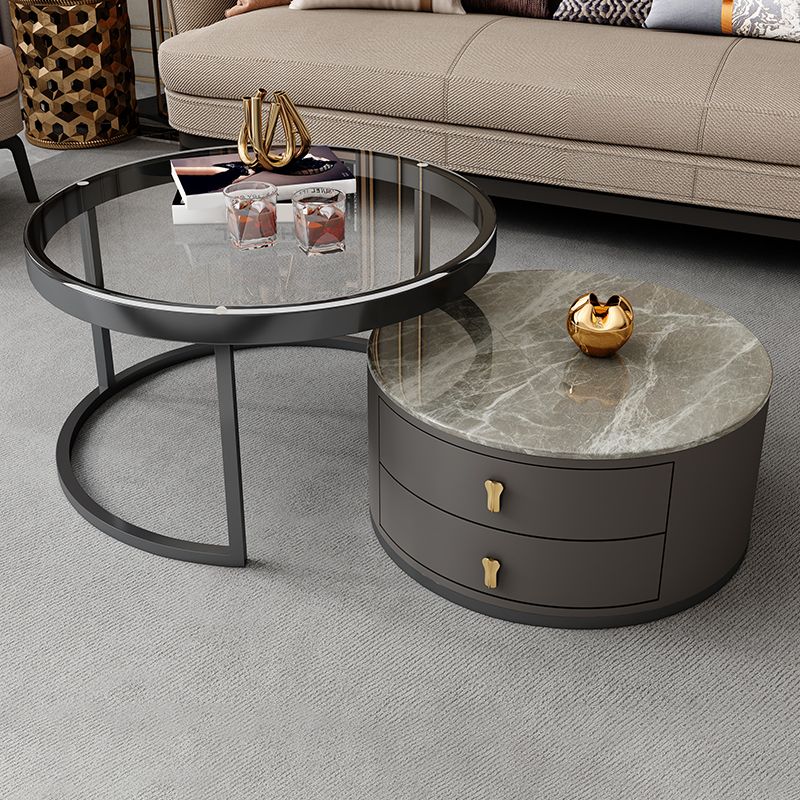 No Distressing Stone Coffee Table Frame Round Nesting Coffee Table Set with 2 Drawers Clearhalo 'Coffee & Accent Tables' 'Coffee Tables' 'coffee_tables' 'furn' 'furn_coffee_tables' 'Furniture' 'Living Room Furniture' 1200x1200_708f7679-9ce9-4ef4-b3a8-f43c360ae3c5
