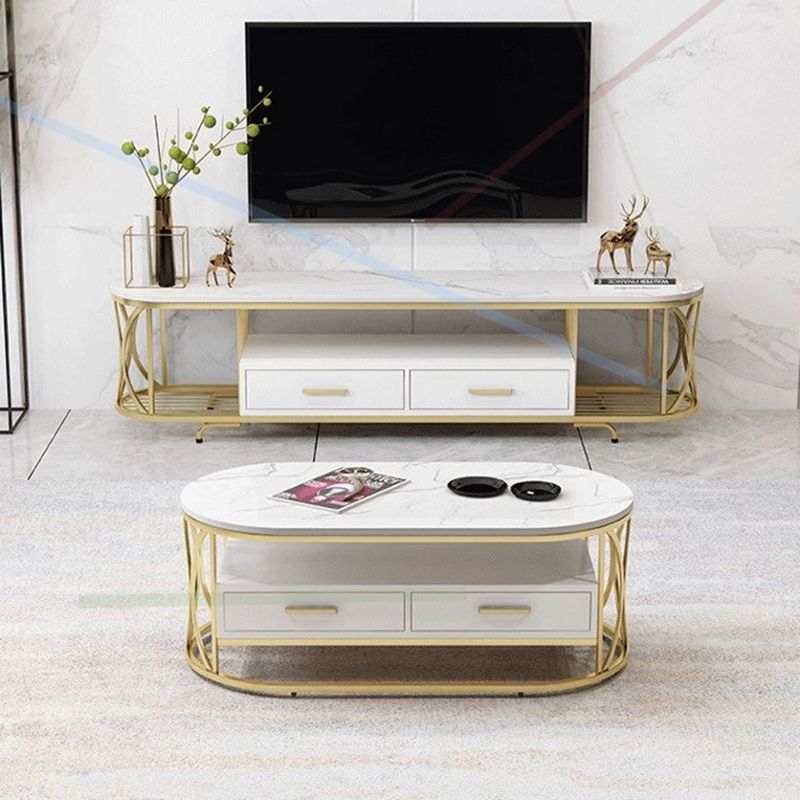 Glam Stone Meuble TV avec étagères ouvertes et console avec tiroirs
