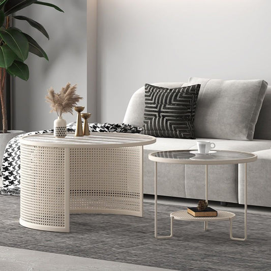 Tavolino contemporaneo nidificazione set con top in vetro rotondo e base di ferro