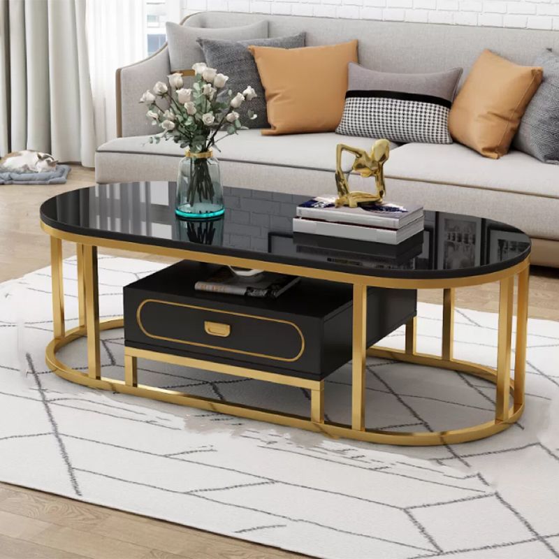 Oval Tempered Glass Frame Base Design Modern Style Coffee Table with Drawers