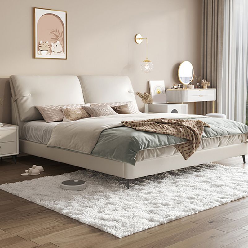 Cama moderna de la cama de cuero genuino de cuero cama de panel de madera de pino con cabecera tapizada