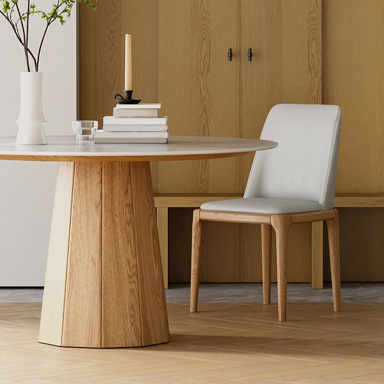 Modern Stone Top Dining Table Round Tabletop with Solid Wood Pedestal Base