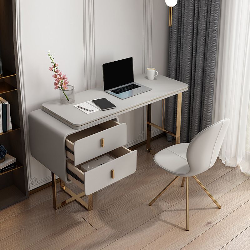 Glam Pedestal Office Desk Curved Pewter Writing Desk with Drawers Clearhalo 'furn' 'furn_office_desk' 'Furniture' 'Office Desks' 'Office Furniture' 'office_desk' 1200x1200_70b4f02e-d6c0-433d-9fa0-12620f6b2e6e