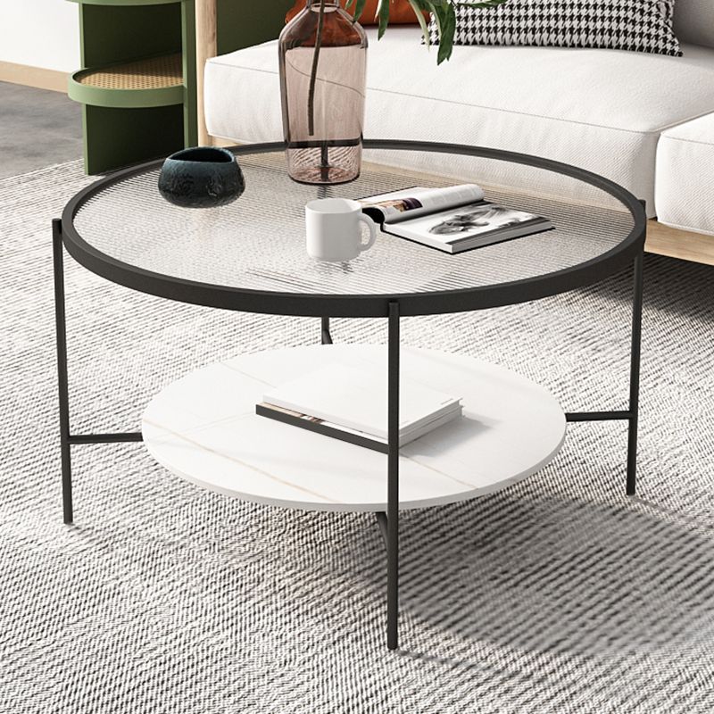 Modern Round Glass & Slate Coffee Cocktail Table with Storage Shelf