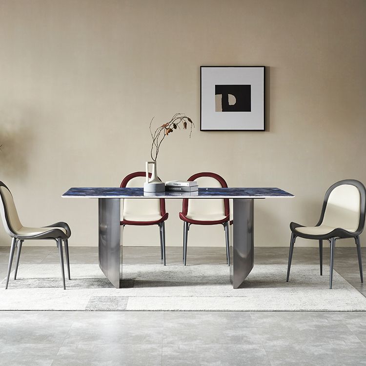 Mesa de comedor fija de piedra rectangular estilo simplicidad con pedestal doble