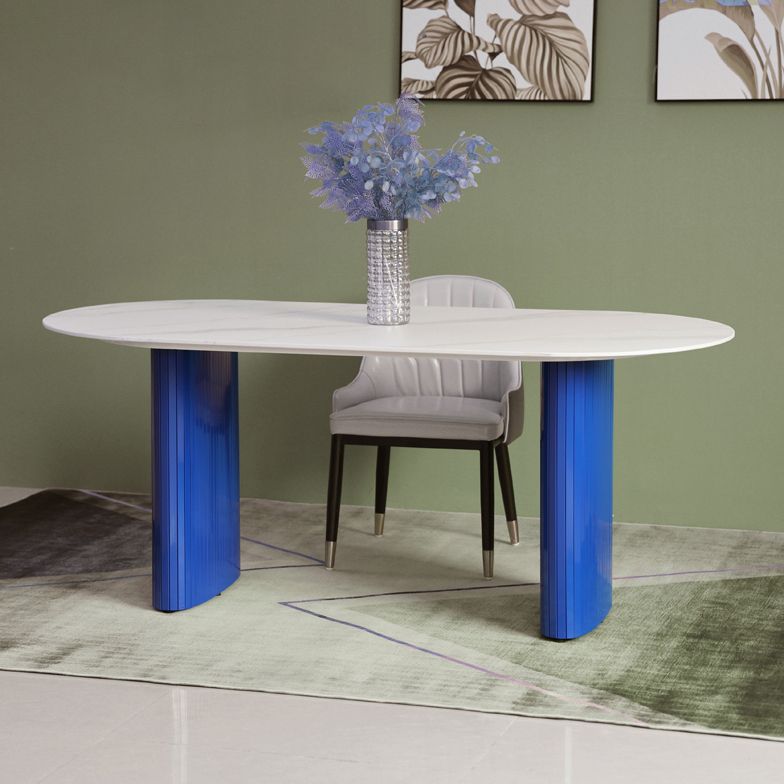 Modern White & Blue Sintered Stone Dining Table Oval Shape Dining Table with Double Pedestal Bases Clearhalo ' dining_table' 'Dining Tables & Seating' 'Dining Tables' 'furn' 'furn_dining_table' 'Furniture' 'furniture_dining_table' 'Kitchen & Dining Furniture' 'kitchen&dining_furn' 'kitchen' 'kitchen_dining_table' 1200x1200_70cdcbd6-f712-4524-b38b-96b9e4944d4b