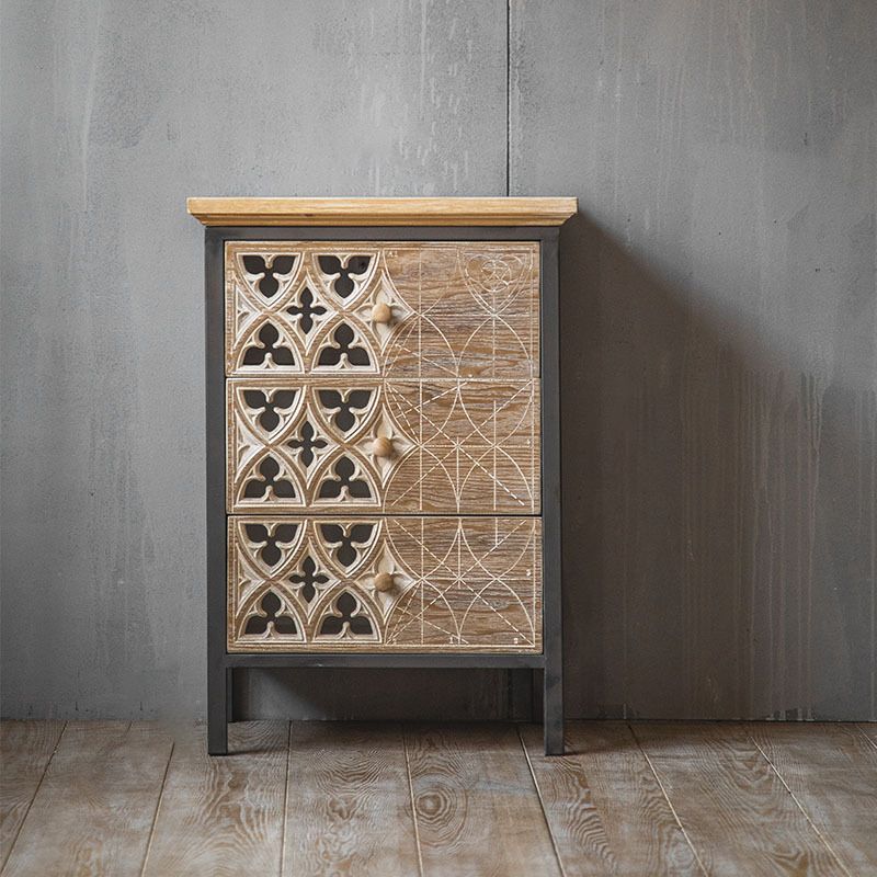 Metal and Distressed Wood Accent Cabinet Industrial Style Fretwork Chest