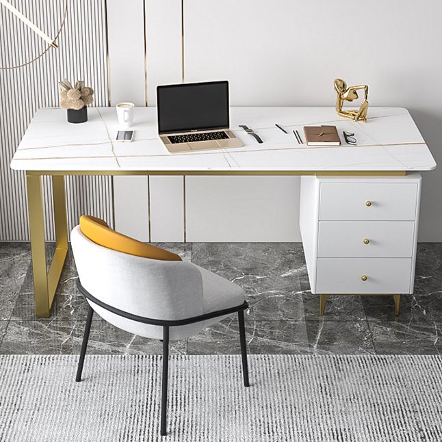 Metal Base Writing Desk Glam Style Office Desk with 3-drawer Clearhalo 'Furniture' 'furniture_office_desk' 'Office Desks' 'Office Furniture' 'office_desk' 1200x1200_70ffb3de-9754-43b6-a5c2-2f9a38f082b6