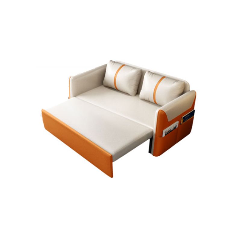 Convertible Stain Resistant Sofa Bed Faux Leather Seating in Orange and Beige