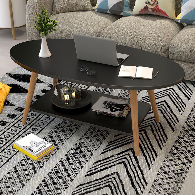 Tavolo da caffè in legno massiccio ovale moderno con scaffale di stoccaggio e 4 gambe