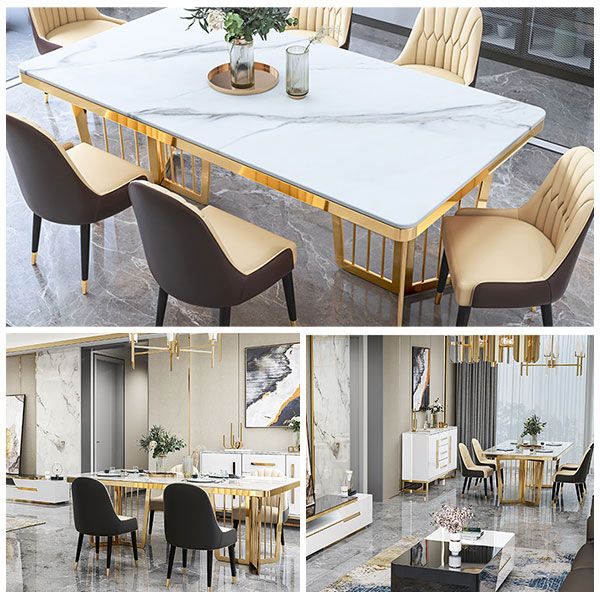 Traditional Luxury Style Dining Table Rectangle Sintered Stone Table with Gold Frame Clearhalo ' dining_table' 'Dining Tables & Seating' 'Dining Tables' 'furn' 'furn_dining_table' 'Furniture' 'furniture_dining_table' 'Kitchen & Dining Furniture' 'kitchen&dining_furn' 'kitchen' 'kitchen_dining_table' 1200x1200_711f8e8b-f8b1-465e-986d-1c788b4398a2