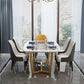 Rectangle White Sintered Stone Top Table Trestle Base Dining Table, Metal in Gold Clearhalo ' dining_table' 'Dining Tables & Seating' 'Dining Tables' 'furn' 'furn_dining_table' 'Furniture' 'furniture_dining_table' 'Kitchen & Dining Furniture' 'kitchen&dining_furn' 'kitchen' 'kitchen_dining_table' 1200x1200_712bc7f0-ecf5-4e66-87b6-be37d02a3c06