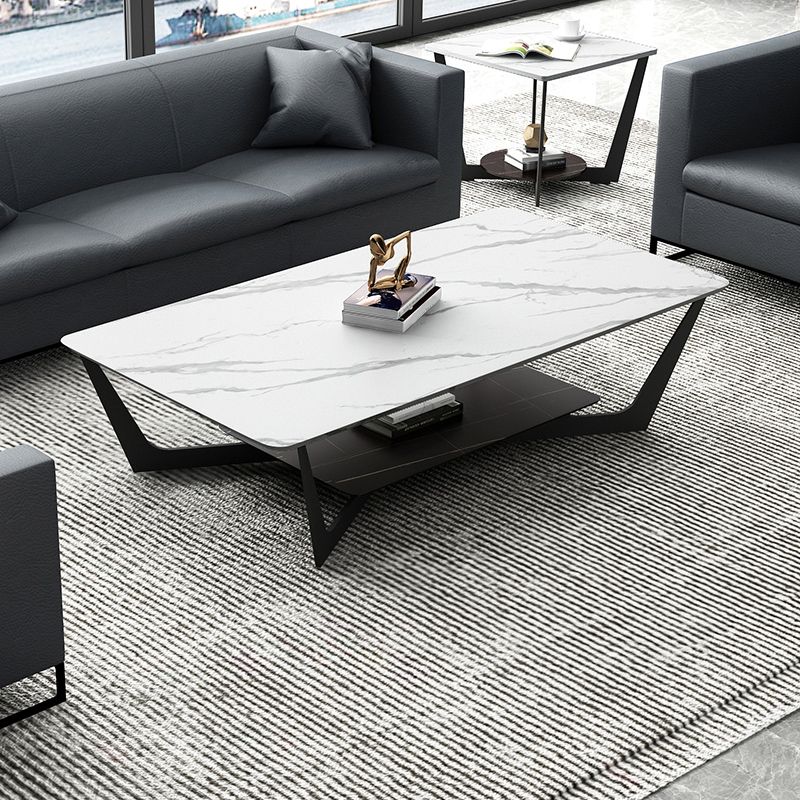 Rectangle Stone Top Cocktail Table with Cross Leg and Storage Shelf