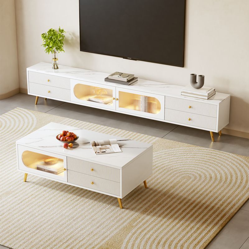 Glam Rectangle Solid Wood Coffee Table 4 Legs with 4 Drawers