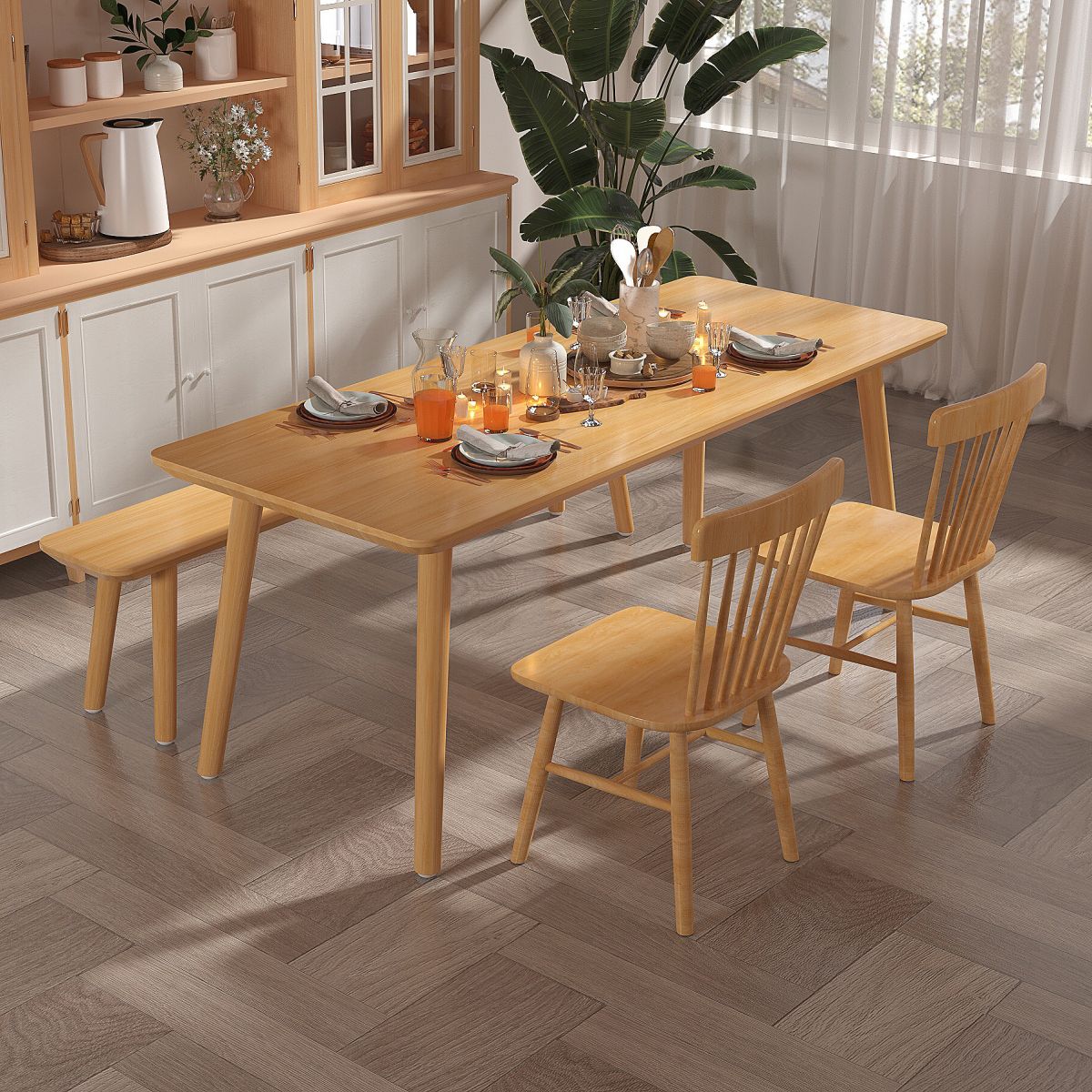 Mesa de comedor rectangular de madera maciza de pino con patas con acabado natural