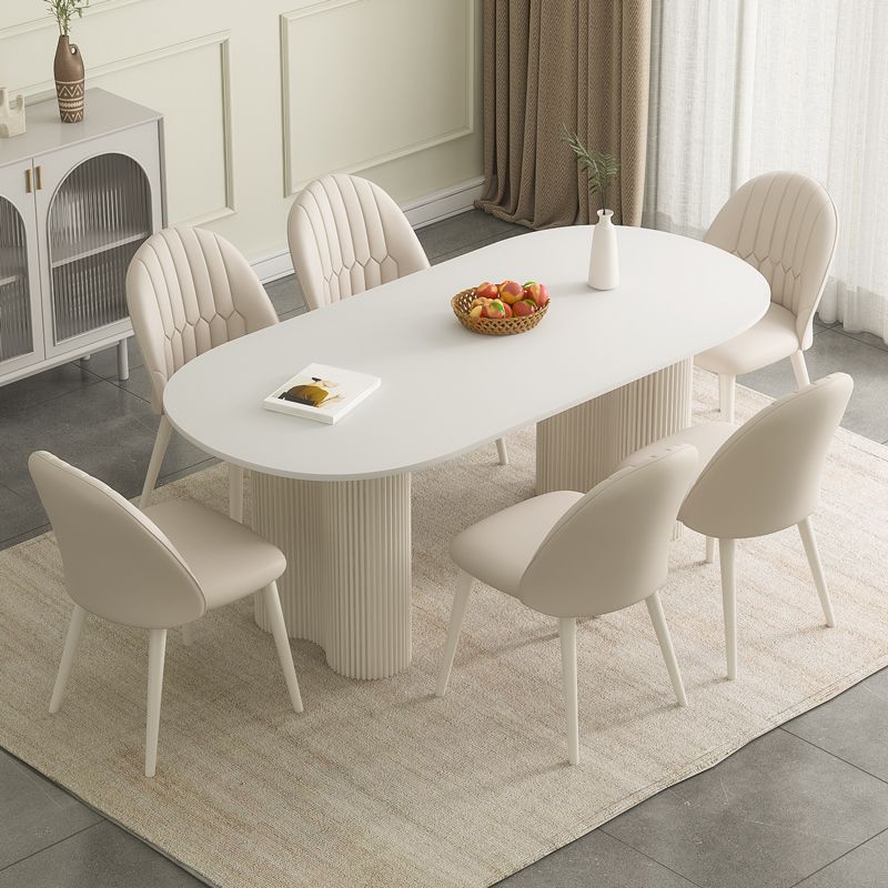 White Contemporary Oval Stone Dining Table with Double Pedestal