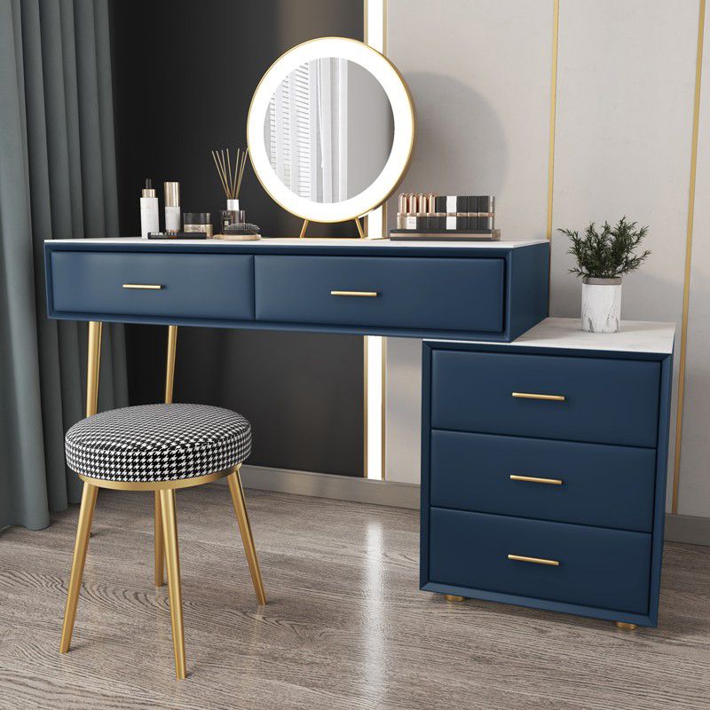 Genuine Leather Vanity Set 5 Storage Drawers Dressing Table with Padded Stool Clearhalo 'Bedroom Furniture' 'furn' 'furn_makeup_vanities' 'Furniture' 'Makeup Vanities' 'makeup_vanities' 1200x1200_71787b69-36ae-4828-9e92-b8655138b985