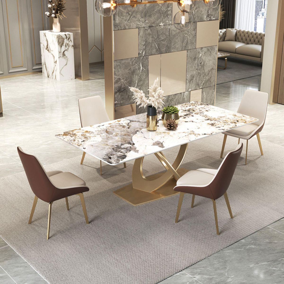 Set di tavoli da pranzo beige lucido 1/2/5/7 PC glam dinette con sedie in pelle