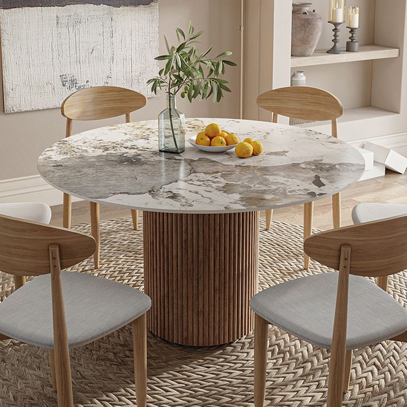 Mesa de pedestal contemporánea, mesa de comedor redonda de piedra con base de madera para cocina casera