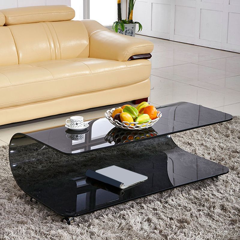 Contemporary Glass Shelf Included Coffee Cocktail Table with Casters Clearhalo 'Coffee & Accent Tables' 'Coffee Tables' 'coffee_tables' 'furn' 'furn_coffee_tables' 'Furniture' 'Living Room Furniture' 1200x1200_71ac9ead-0357-443d-b27b-ca01f1401b9f