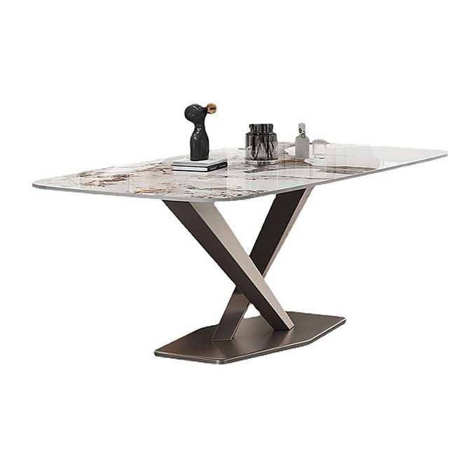 Contemporary Style Sintered Stone Dining Table with White Fixed Table and Trestle Base for Home Use Clearhalo 'Dining Room Sets' 'Dining Tables & Seating' 'dining_room_set' 'furn' 'furn_dining_room_set' 'Furniture' 'furniture_dining_room_set' 'Kitchen & Dining Furniture' 'kitchen&dining_furn' 'kitchen' 1200x1200_71bc0625-1bde-46c9-959b-9c4783ac433c