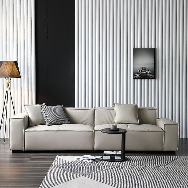 Genuine Leather Square Arm Sofa Contemporary Standard Sofa with 3 Pillows